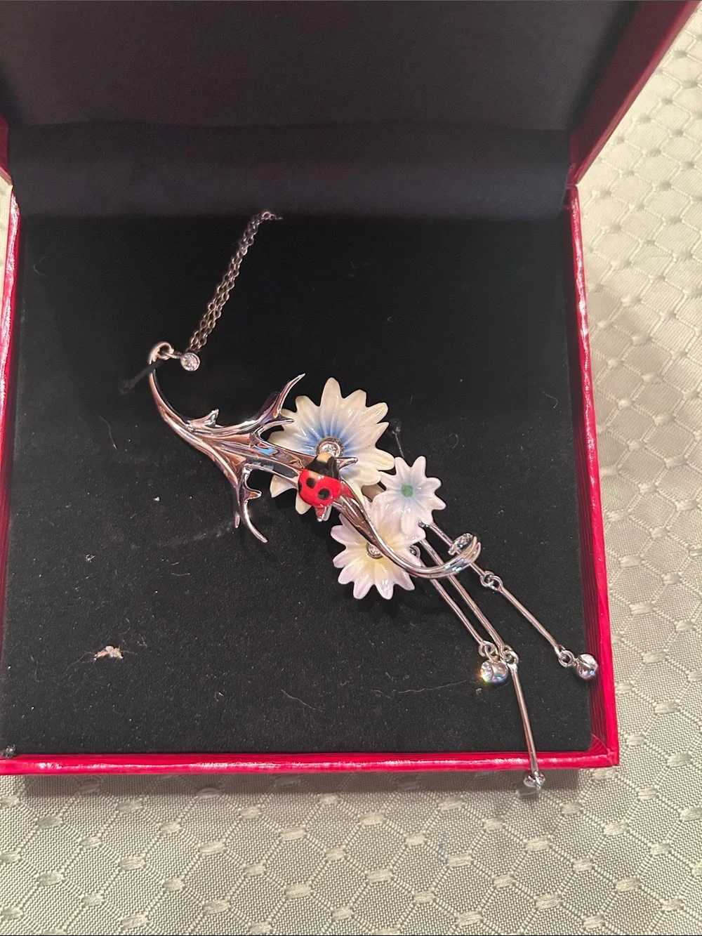 FRANZ Silver Floral Ladybug Drop Necklace in White and Red